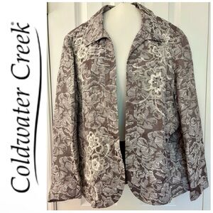 Coldwater Creek L, floral open blazer, embroidery, sequins, brocade, EUC, lined